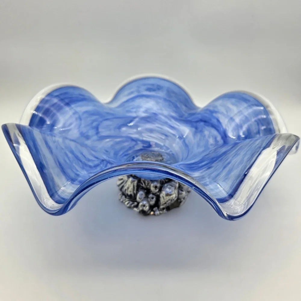 Cristalli d'Oggi Bowl Murano Glass Silver Fruit Base blue White Swirl 12in